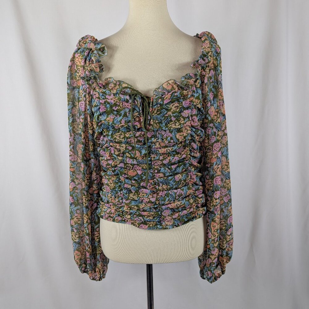 Free People Mabel Printed Blouse Garden Cut Out Green Floral Stretch Sz Medium M